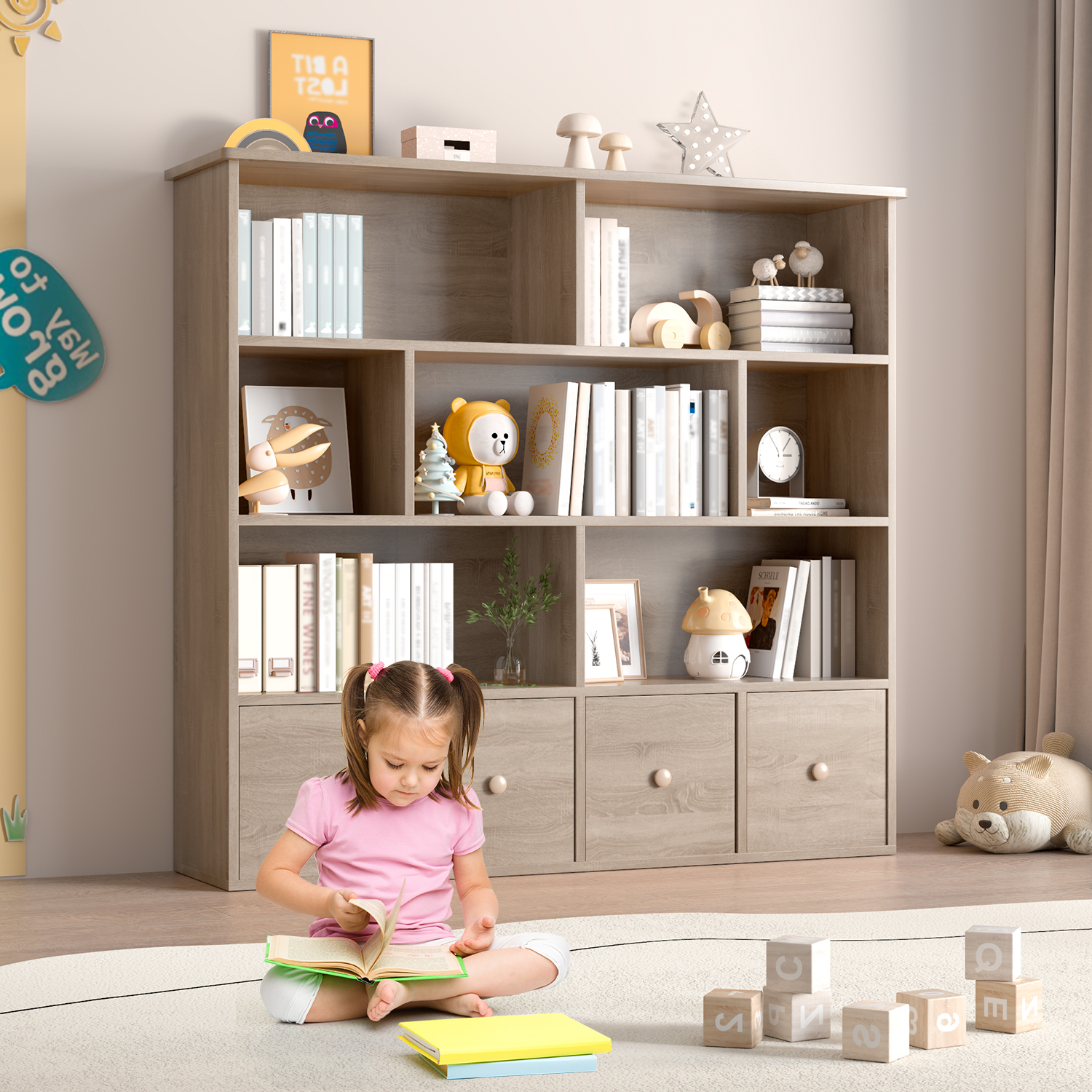 Erinnyees Kids Toy Organizer: 4-Drawer Bookshelf with 7 Cubbies, Natural