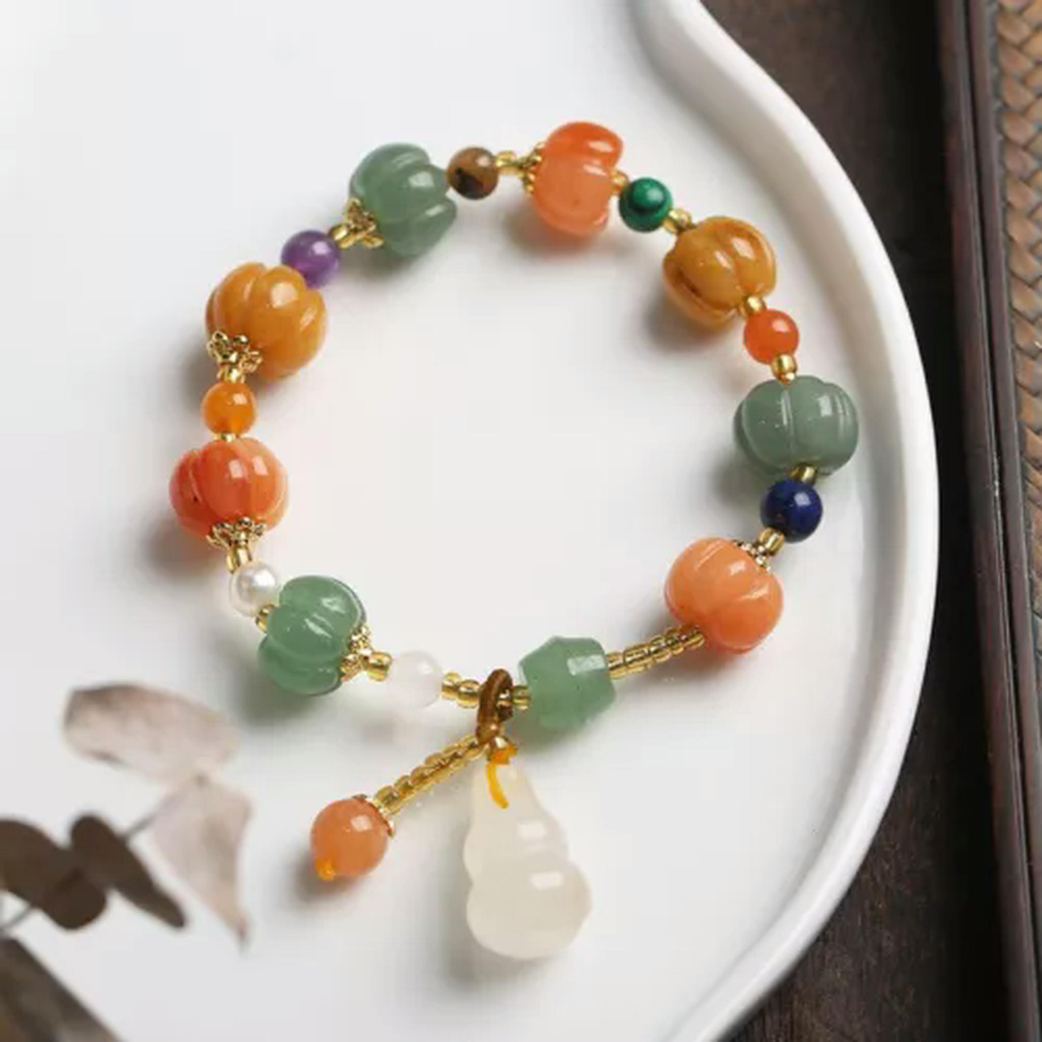 EOEMY Natural Gold Jade Pumpkin Beads Beaded Bracelets For Women Lady Gourd Pendant-Gourd
