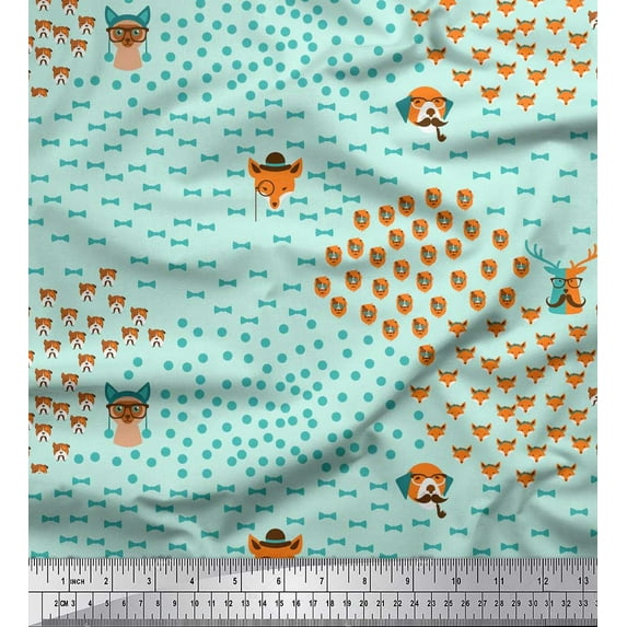 Soimoi Green Moss Georgette Fabric Bow & Dog Face Cartoon Print Sewing Fabric Yard 42 Inch Wide