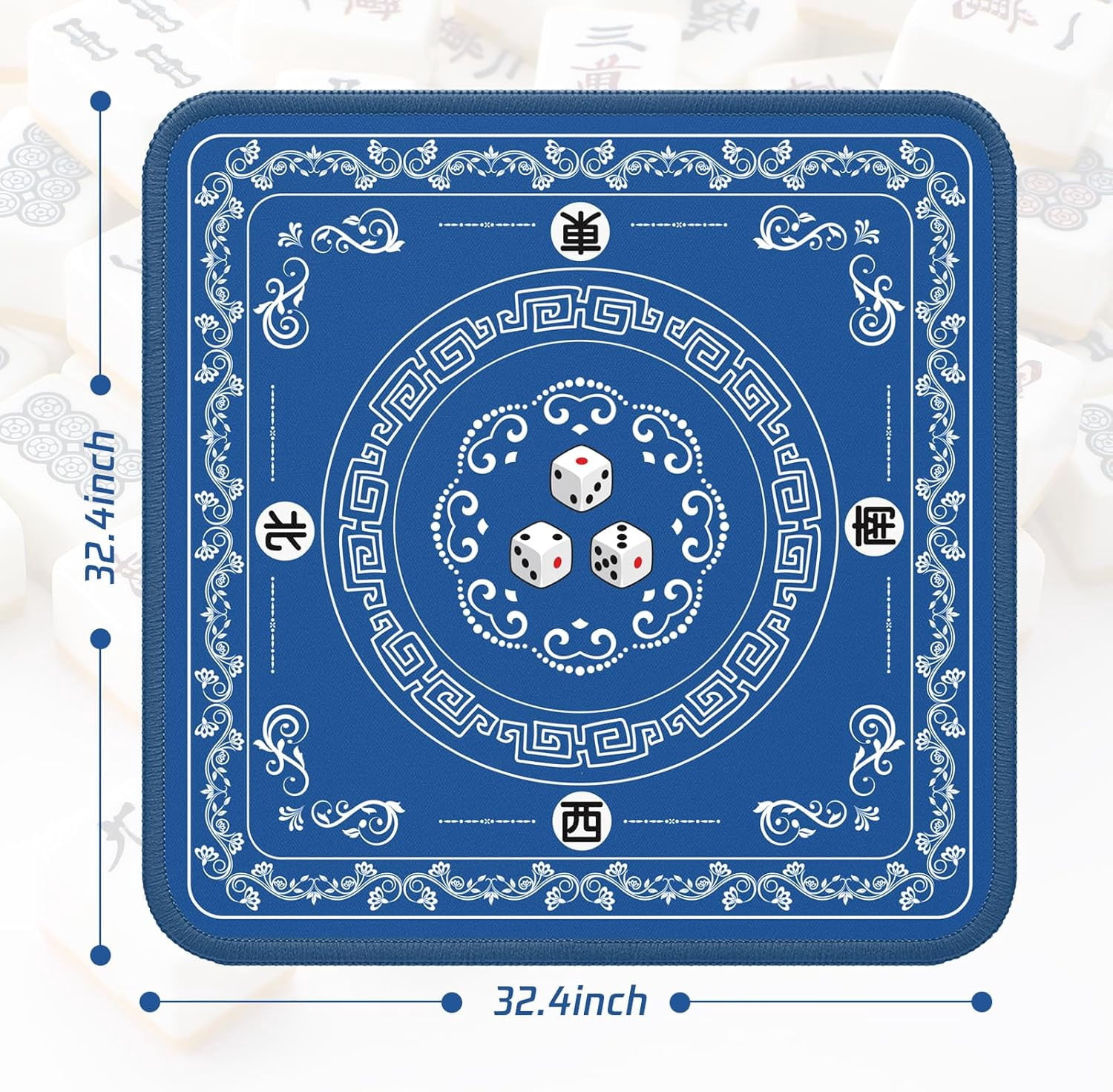 Mahjong Mat - Elegant Blue with Lace Trim | Non-Slip Rubber Gaming Mat & Noise Reducer | for Mahjong Tiles, Poker, Cards, Dominoes, Board Games | 31.5x31.5 Inch