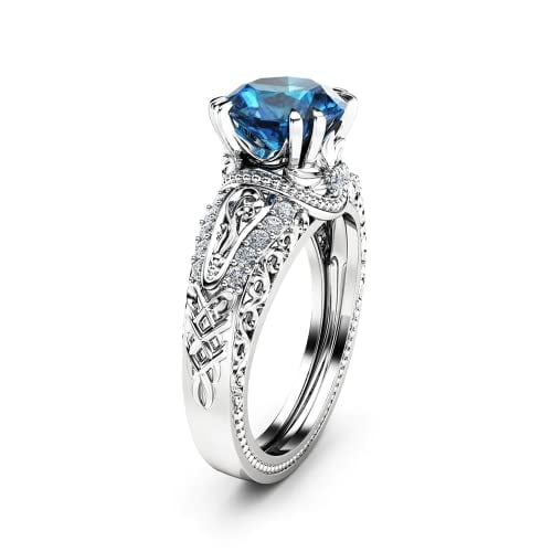 HeartsAndYou 2ct Natural Blue Sapphire Engagement Ring 14k SOLID White Gold Filigree Stylish
