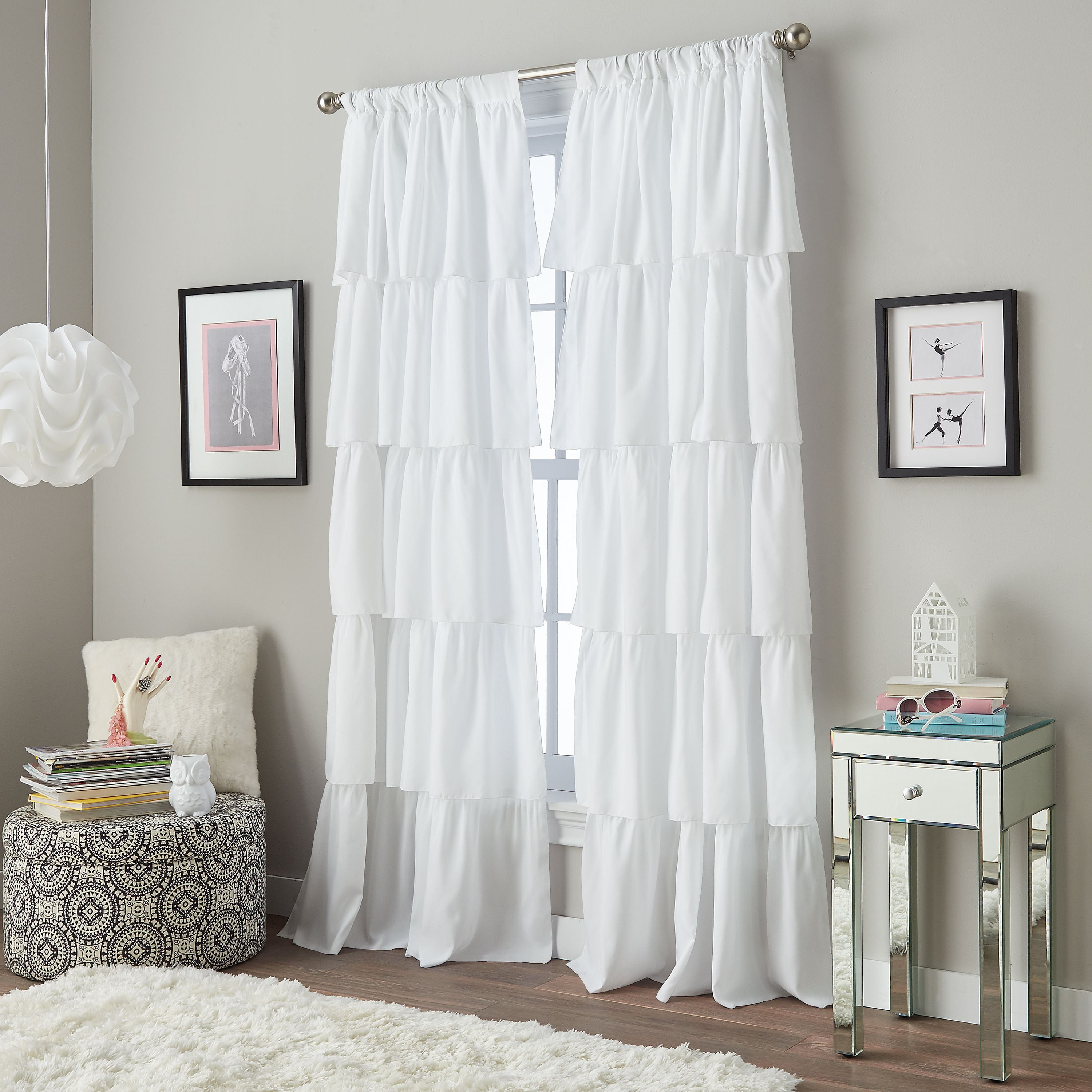 White 42" x 84" Your Zone Ruffle Girls Bedroom Two Curtain Panels 