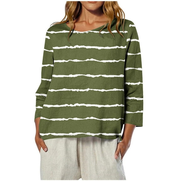 Womens Tops 3/4 Sleeve Printed Stripe Round Neck Casual T-shirt Loose Tops Army Green L