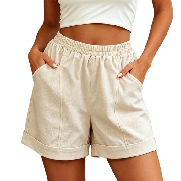 TEAJOPSUU Women's Casual Summer Shorts Elastic Waist Rolled Hem Shorts with Pockets Loose Fit Loungewear Daily Beach Shorts Beige