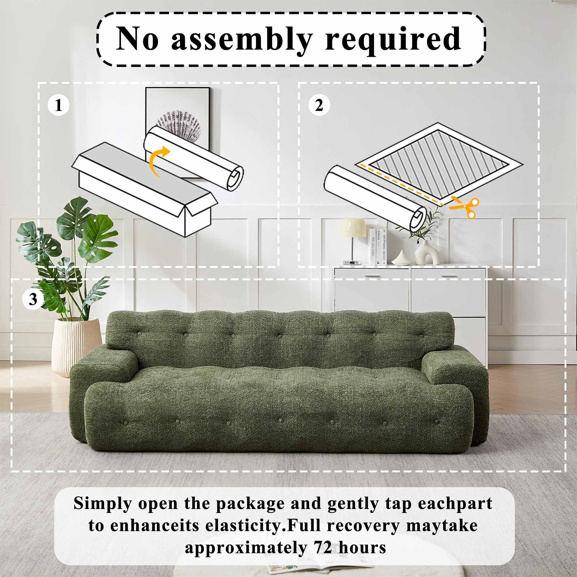 Lunale Boneless Cloud Sofa, No Assembly Required, Modern 3-Seater Chenille Couch for Living Room, Green