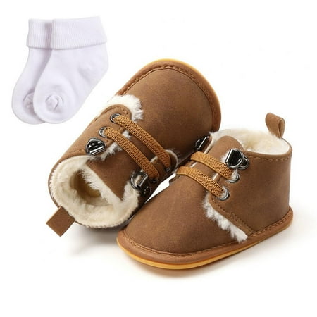 

Infant Sneakers Baby Soft Non-Slip Sole Shoes Snow Boots Boys Girls First Walkers Lace-up Fleece Lined Prewalker Crib Shoes with Socks 0-18M