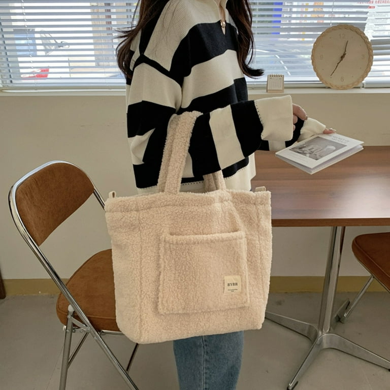 Yucurem Fluffy Tote Bag Lamb Down Fleece Crossbody Bags Women Large Shoulder Handbags for Winter Early Spring Beige