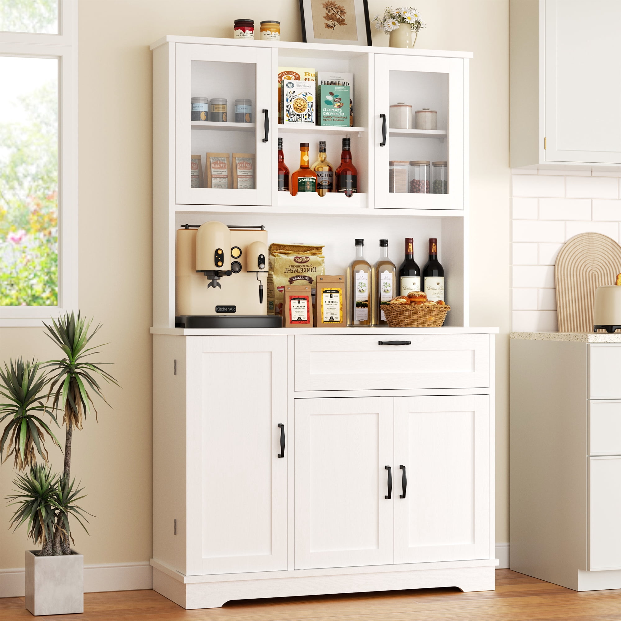 Walsunny Pantry Cabinet with Microwave Shelf Doors Drawer for Kitchen Storage 68" Tall Kitchen Food Cabinet Pantry Organizer Shelves Coffee Bar Cabinet with Hutch White