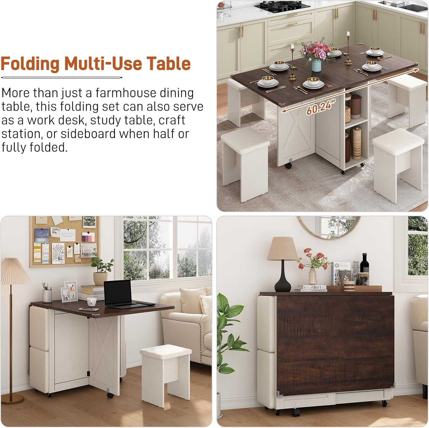 Blotout 5 PCS Farmhouse Dining Table Set for 4, 60'' Large Folding Dining Table Set with 4 Leather Chairs,6 Wheels, Drop Leaf Foldable Kitchen Table with 2-Layer Storage Shelf for Small Spaces, Brown
