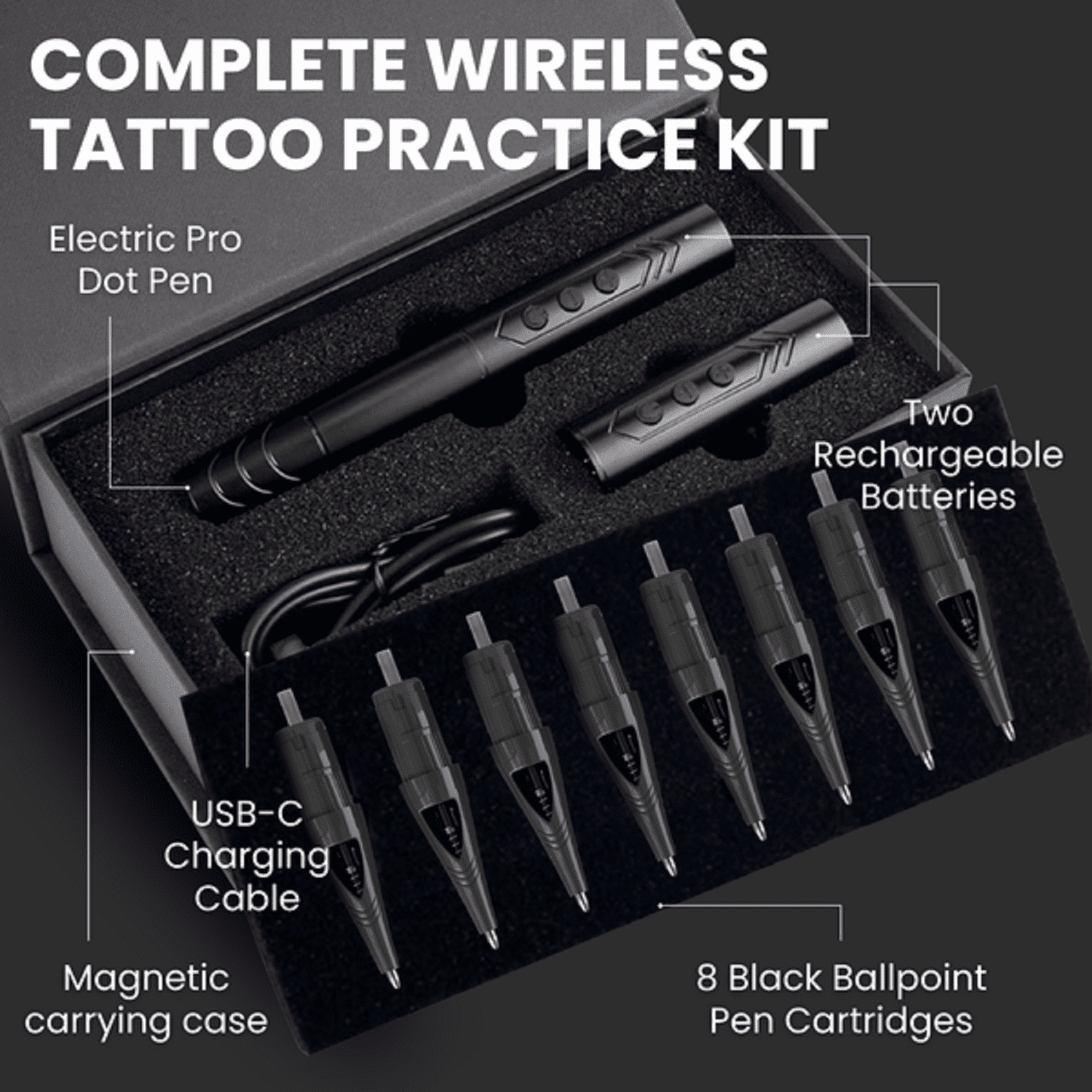 Inlumino Heart Ink Tattoo Practice Pen – Wireless Rotary Dot Pen Machine with 8 Black Ballpoint Cartridges – Tattoo Training Tool