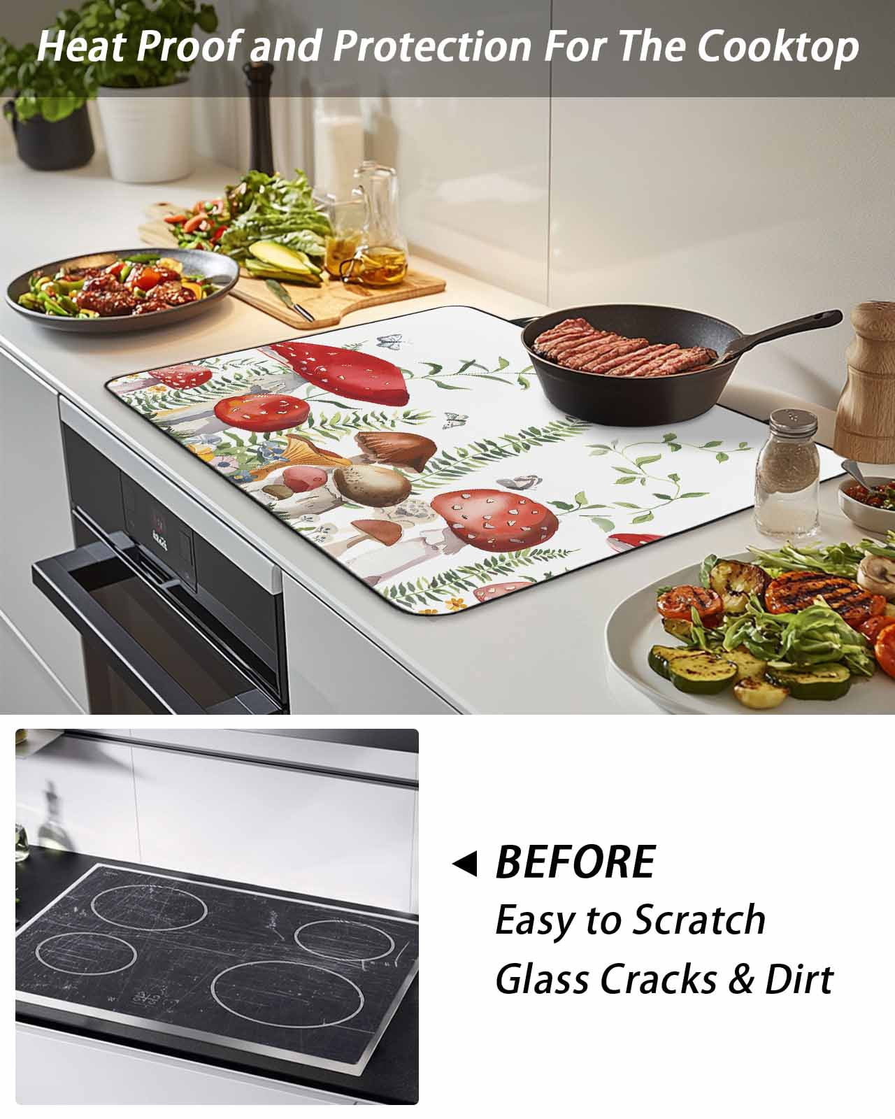 Stove Top Covers for Electric Stove, Mushrooms Eucalyptus Glass Stovetop Cover Protector, Sage Green Botanical Butterflies Induction Cooktop Protector Oven Mat for Kitchen Countertop 24"x21"