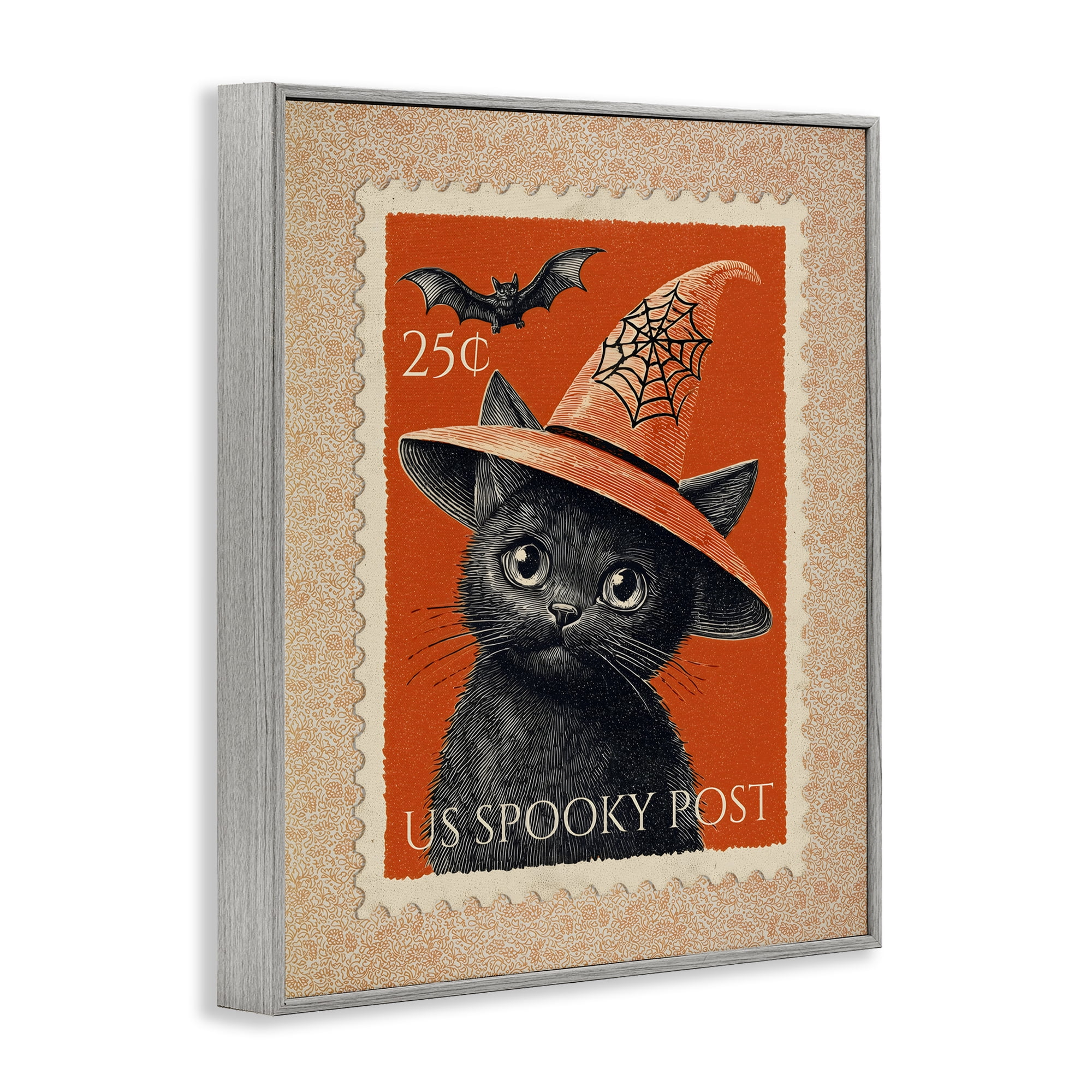 Vintage Black Cat Stamp Gray Framed Giclee Art, design by Arlington Prints