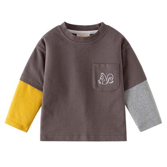 Krdevn Kids Color Block Spliced Long Sleeve T-Shirt, Striped Crew Neck Pocket Casual Cotton Top for Boys and Girls,Grey