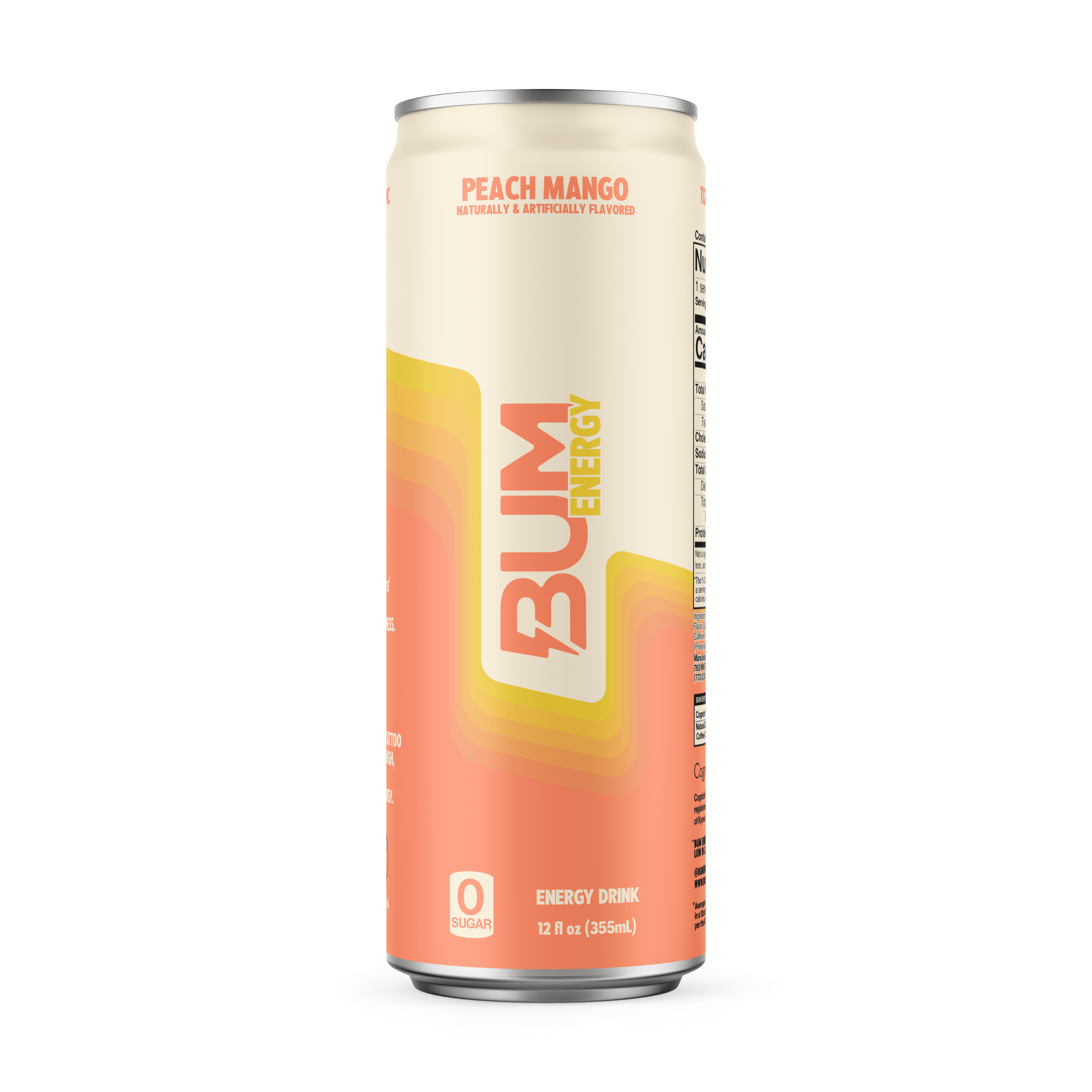 Bum Energy Peach Mango Energy Drink, 112 mg Natural Caffeine, 12 fl oz, 12 Pack