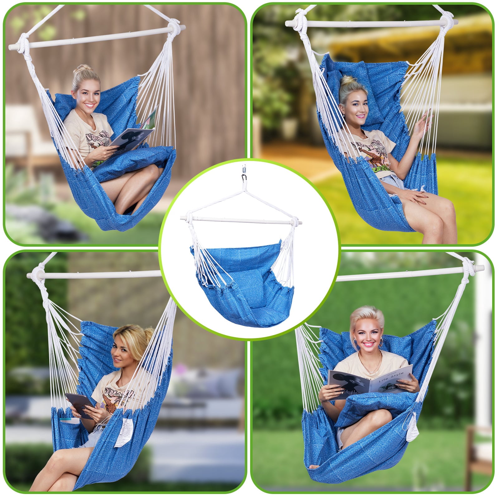 Backyard Expressions Hammock Chair Hanging Rope Swing Chair, 2 Pillows, Anti Slip Steel Spreader Bar