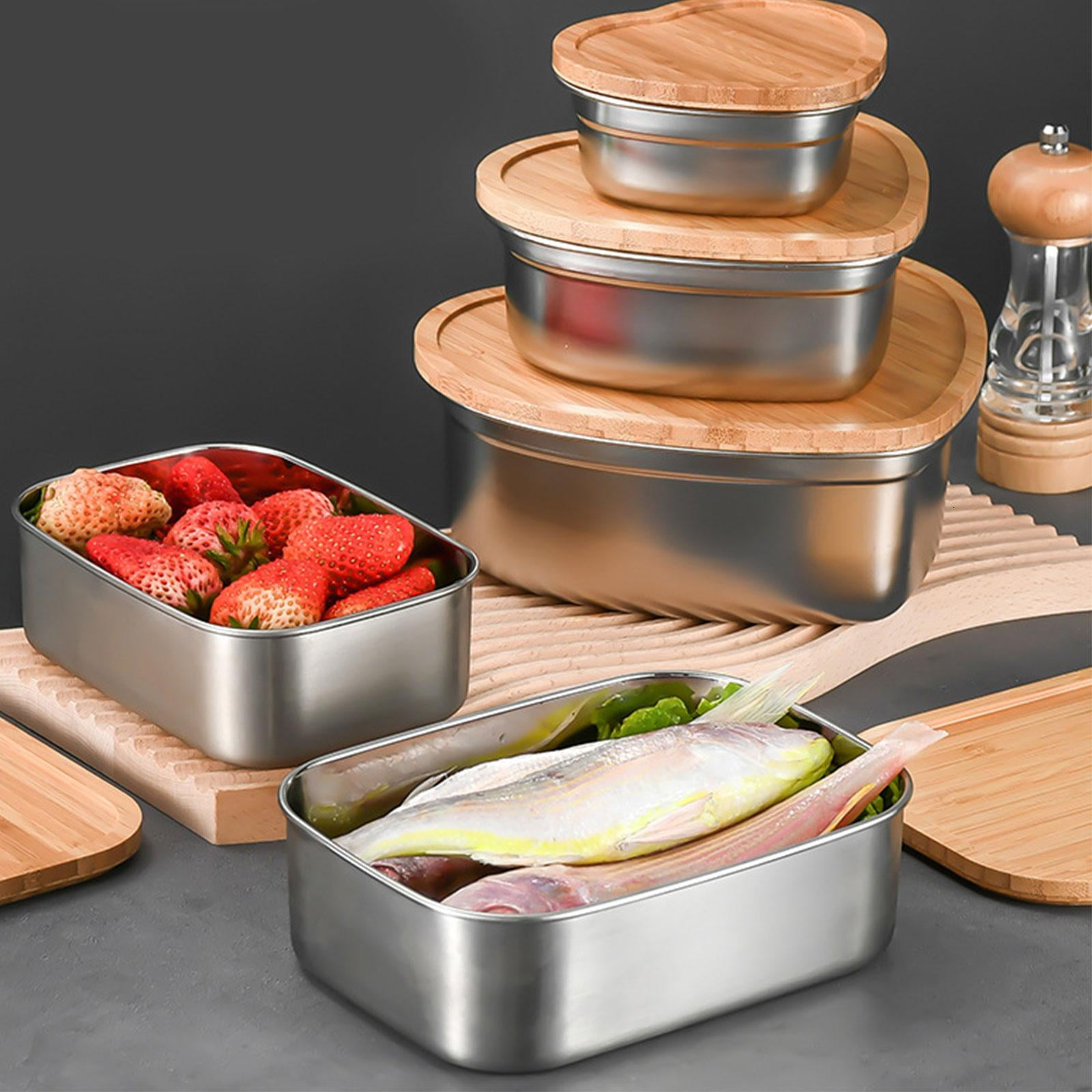 SDFGTstore Stainlesses Steel Lunch Box Portable Outdoor Picnics Camping Student Office Bentos Box with Wood Lid 5Style for Outdoor