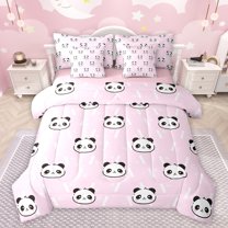 jejeloiu Cartoon Panda Animal 7-Piece Twin Bedding Sets,Wildlife Bedding Comforter Set,Pink White Black Sheet Sets For Girls,Breathable Home Decor Reversible