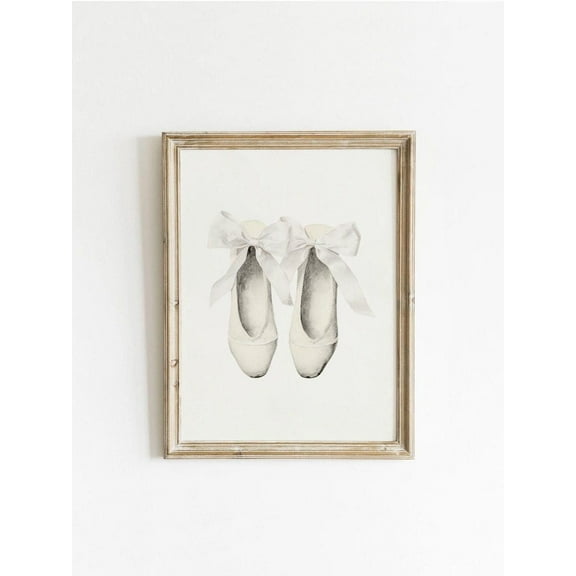 White Ballet Slipper Art, Vintage Bow Wall Art, Retro Ballerina Decor, Cream Aesthetic, Antique Art, Coquette - #0011Bv Wall Art, Modern Wall Decor, 8x12 UNFRAMED