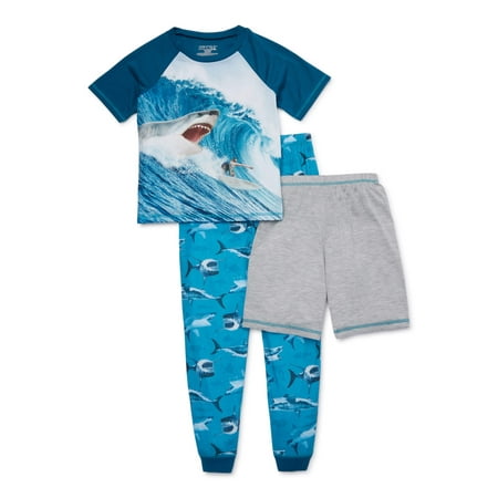 Komar Kids Boys 4-16 'Shark' Short Sleeve, Long Pant with Shorts, 3-Piece Pajama Set