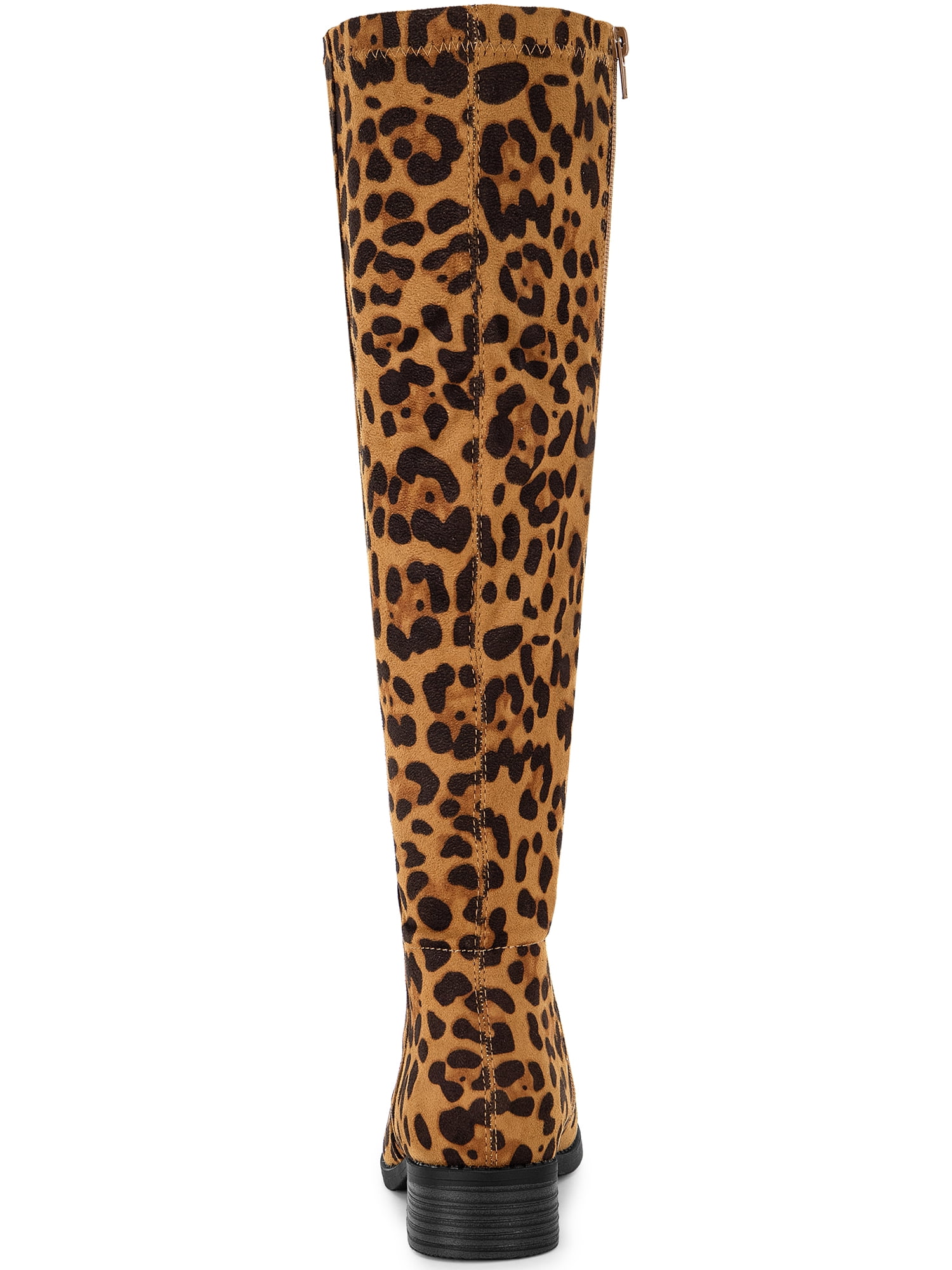 DARING DIVA Women's Chunky Heels Side Zipper Round Toe Knee High Boots Leopard 9