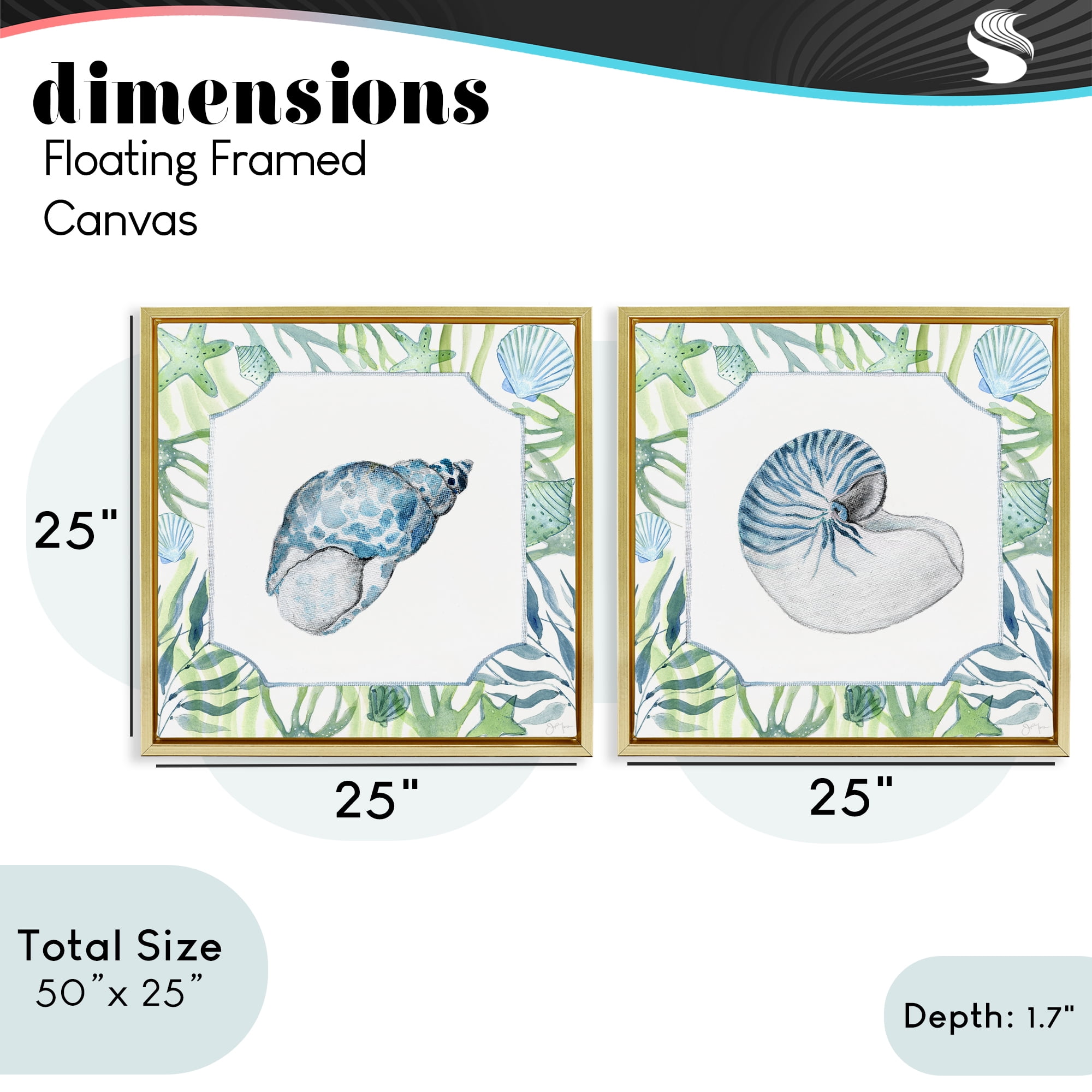 Stupell Industries Seaweed Bordered Seashells 2 Piece Gold Framed Floater Canvas Set, design by Janet Tava
