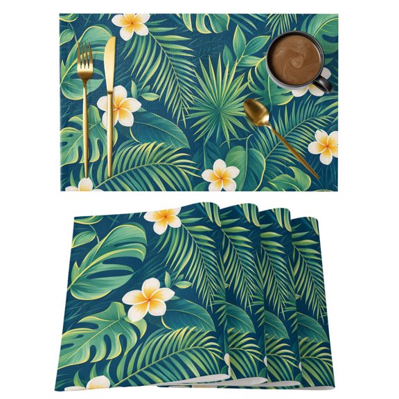 Monstera Palm Leaf Placemats Set of 6, Tropical Boho Plumeria Flower Green Botanical Non-Slip Place Mats Washable Table Mats for Kitchen Dining Table Decorations Indoor/Outdoor