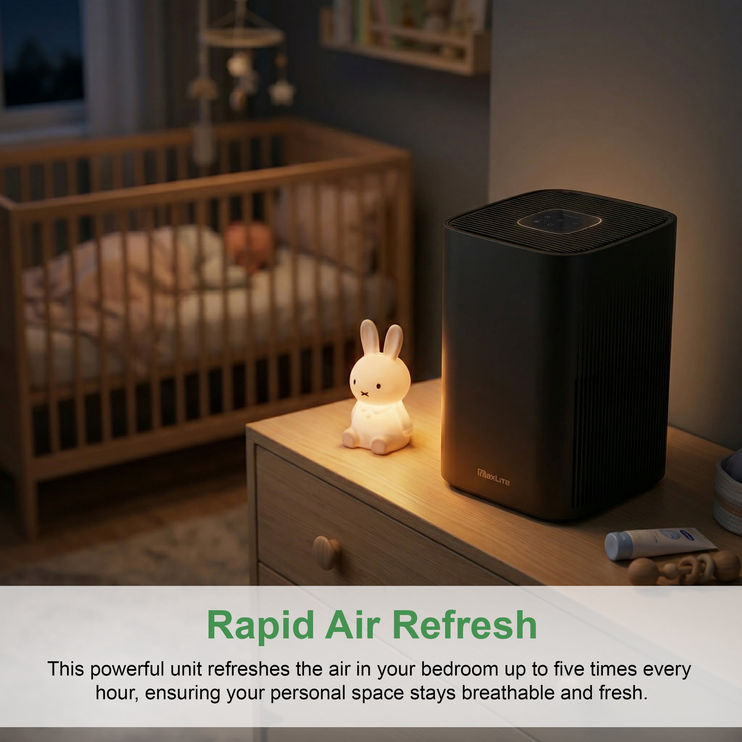 MaxLite Modern Air Purifier With True HEPA Activated Carbon Filter, 3-speed Fan, Timer, Sleep Mode, for Bedroom, Hallway, Kitchen, Office - Black