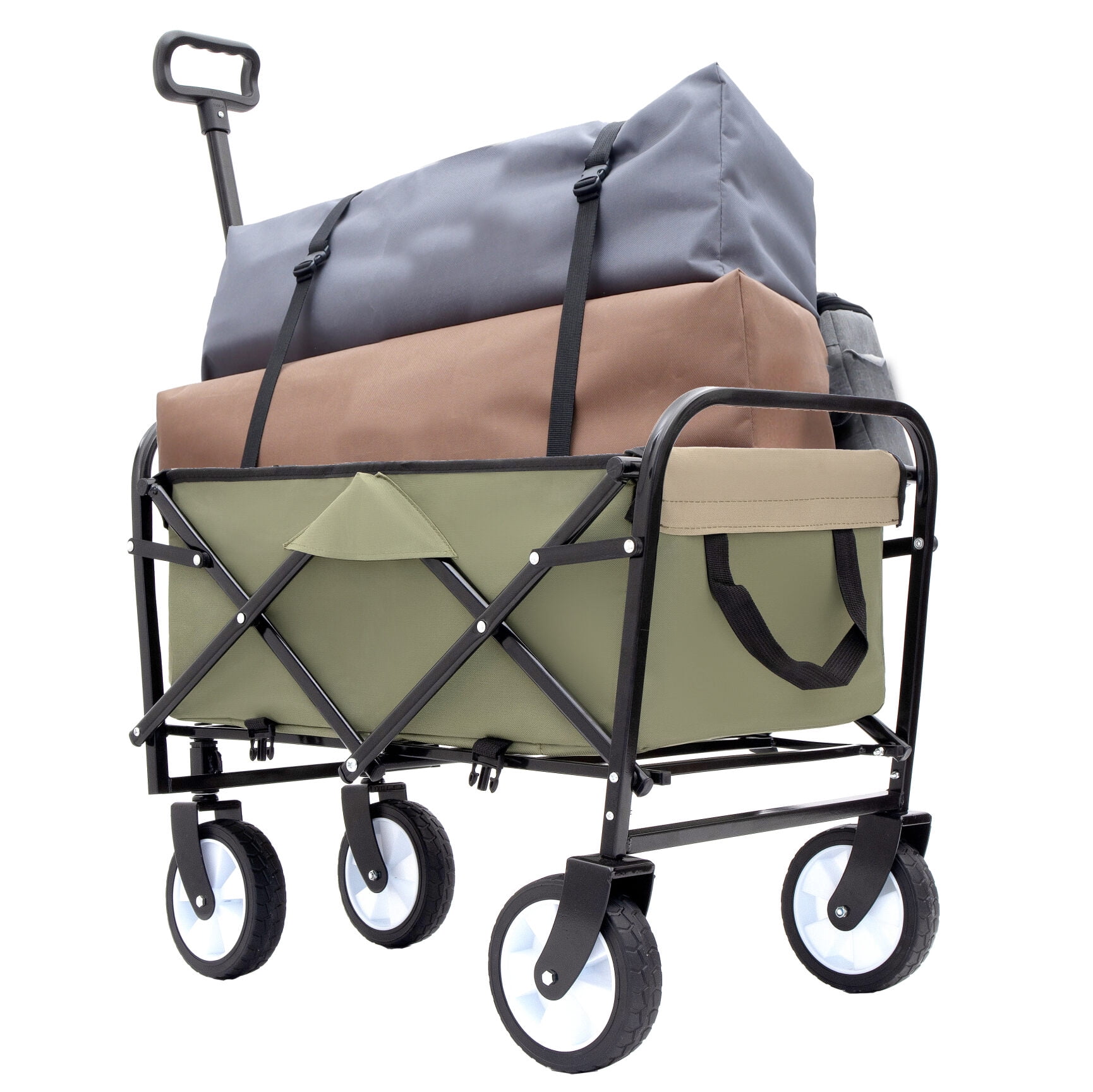 Utility Wagon Cart Foldable with Strapping System, Heavy Duty 225lbs Capacity, Lightweight Collapsible Design, Utility Cart, beach wagon with 360° Swivel Wheels for Camping, Shopping, Army Green