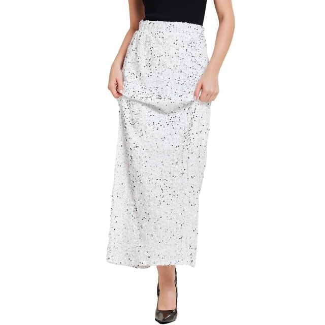 Falda Maxi de Terciopelo con Lentejuelas de Cintura Alta Elástica INSPIRE CHIC para Mujeres S Blanca