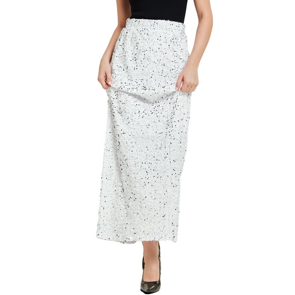 Falda Maxi de Terciopelo con Lentejuelas de Cintura Alta Elástica INSPIRE CHIC para Mujeres S Blanca