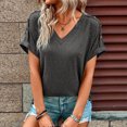 thumbnail image 1 of JUNWELL Simple Solid V-Neck Tee Women Shoulder Button Short Sleeved Tops Female Summer Casual Pullover T-Shirt, 1 of 6