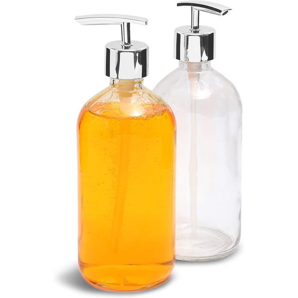 2-Pack Clear 16oz/500ml Glass Hand Soap Dispenser Bottle with Silver