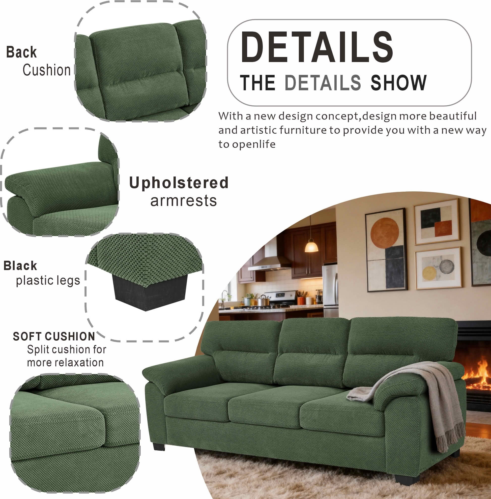 MAYEERTY 81 Inch 3‑Seater Sofa, Modern Textured Fabric Couch with Plush Track Arms & Solid Wood Frame for Living Room