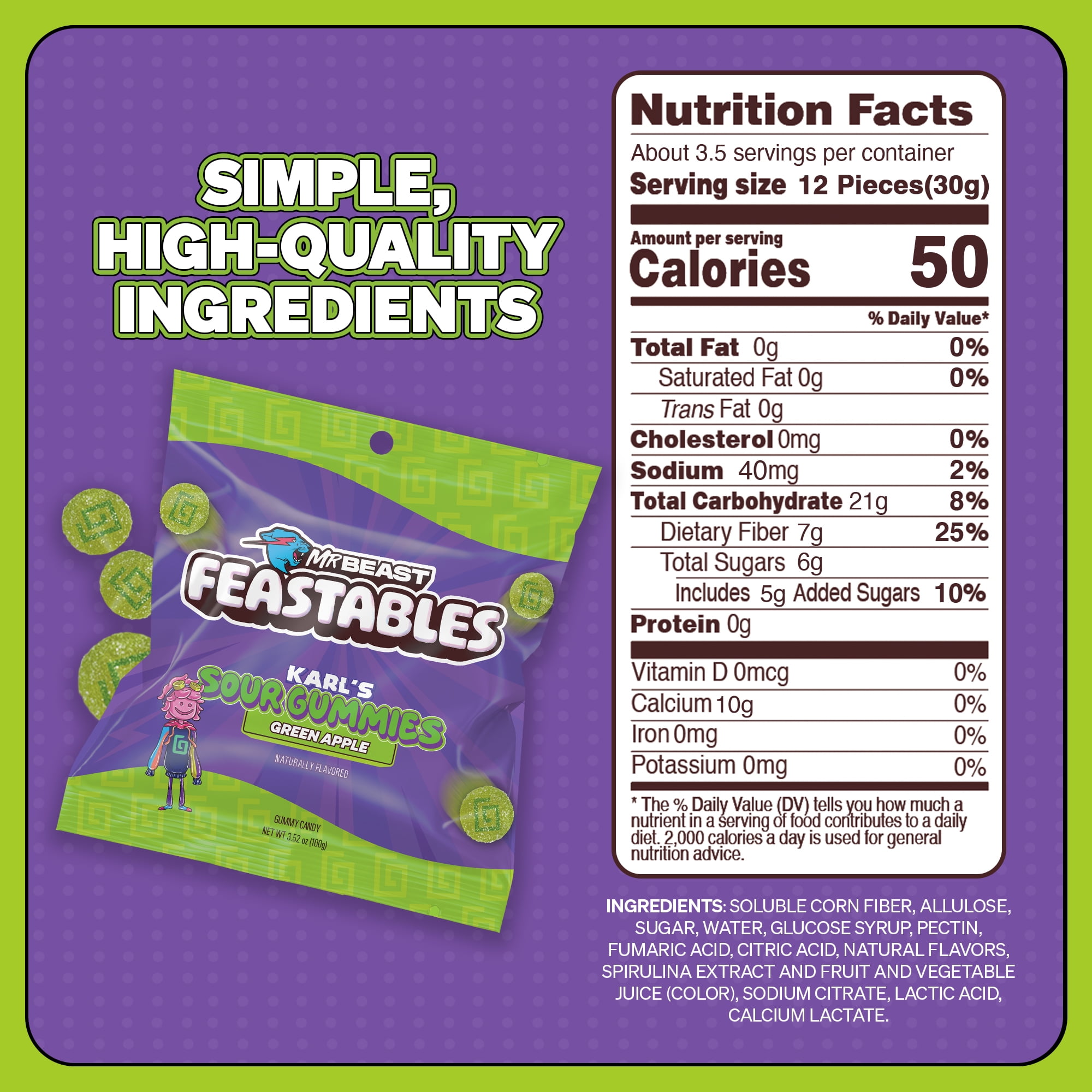 (2 pack) Feastables Karl Sour Green Apple Gummy Candy, Gluten Free, 3.52 oz (100 g)