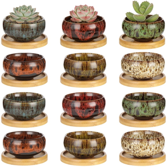 12 Pcs Ceramic Succulent Pots, 2.5 in Small Succulent Pots Set with Drainage Holes and Wooden Base, Mini Decorative Plant Containers for Home, Office, Garden Decoration