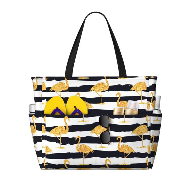 Fotbe Gold Flamingo Bolsa de Viaje para Playa - Resistente al Agua, Bolsa Tote de Gran Capacidad y Ligera con 7 Bolsillos para Mujeres y Hombres