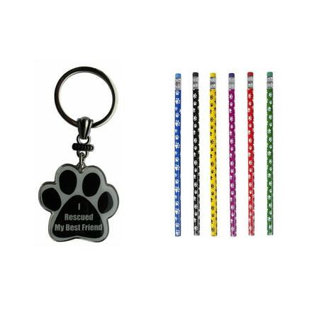 Bundle 2 Items: One (1) I Rescued My Best Friend Paw Print Keychain and a Lot of Twelve (12) Paw Print