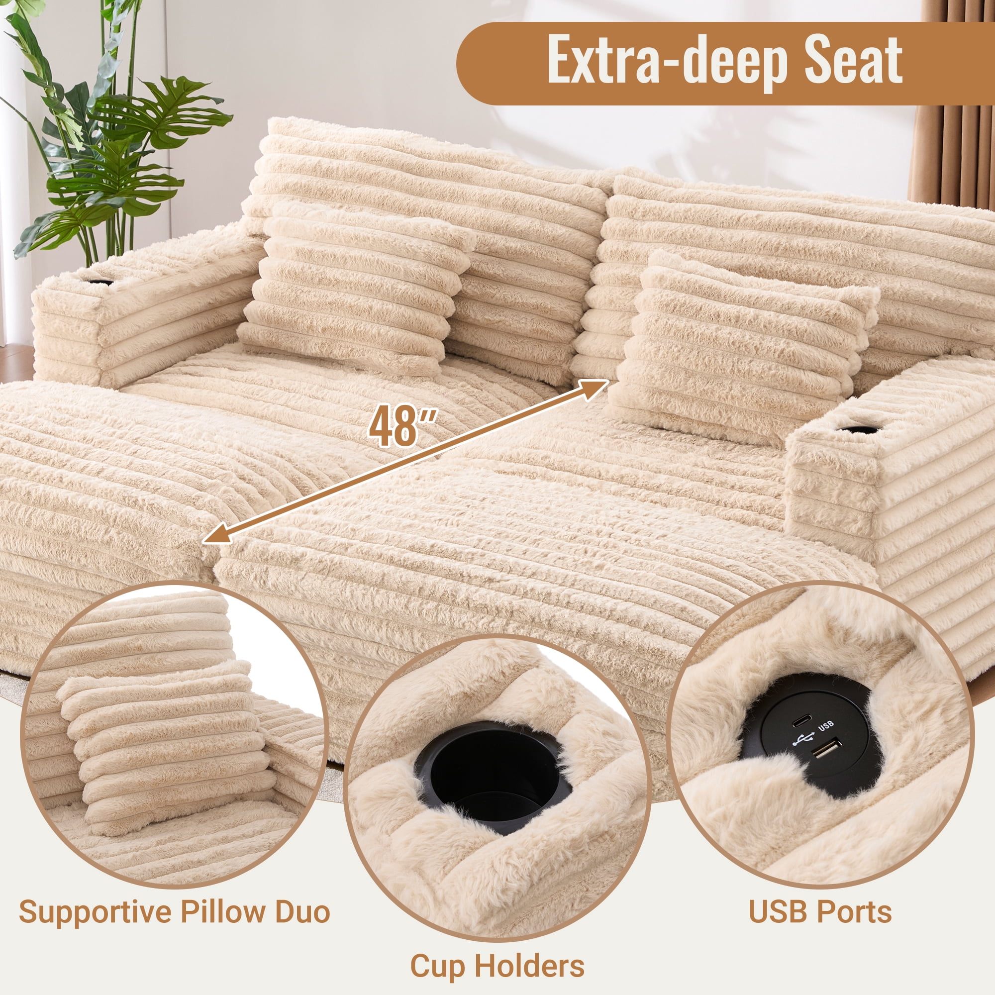 Euroco Oversized Double Chaise Lounge Sofa 83.5" Sofa Bed Cloud Couch Plush Upholstered Sleeper Sofa Daybed with Two Supportive Pillows, USB Ports and Cup Holders for Living Room, Champagne