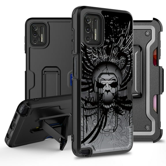 ANJ  Rugged Hybrid Shockproof Case w/Kickstand   Holster Clip Card Slot Cover for Motorola Moto G Stylus (2021 Release) - Winged Skull