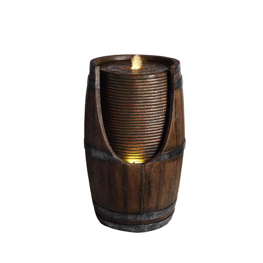 Barrel Outdoor Water Fountain with LED Lights Resin Farmhouse Garden Water Feature Ripple Water Curtain Patio Porch Yard Decor