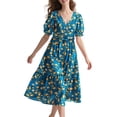 thumbnail image 1 of Vestido midi YESNO de verano con estampado floral con cuello en V y manga abullonada para mujer, 1 of 5