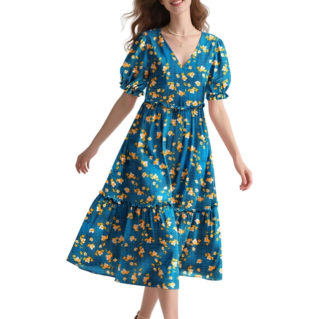 Vestido midi YESNO de verano con estampado floral con cuello en V y manga abullonada para mujer