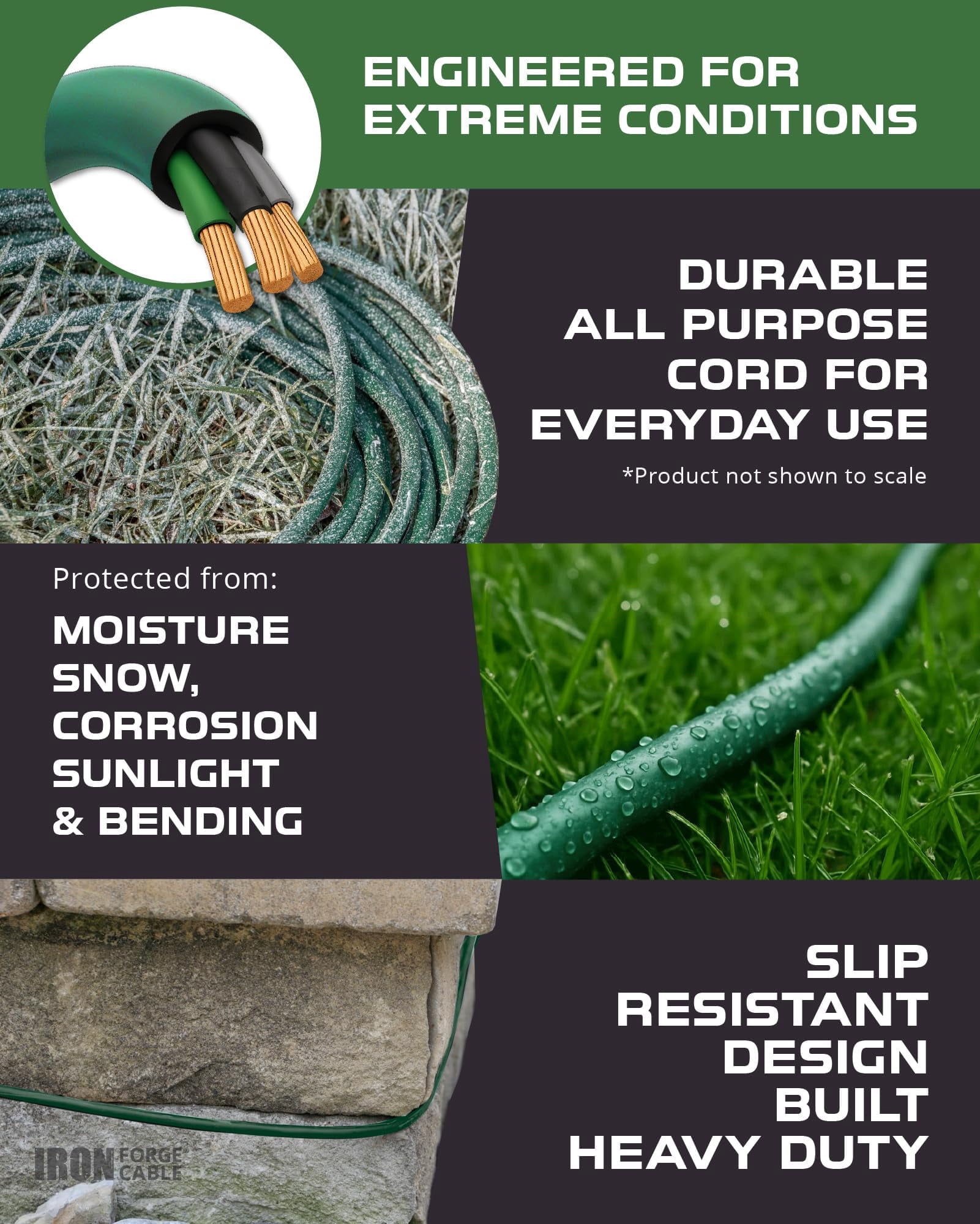 Iron Forge Cable 20 Foot Outdoor Extension Cord, 16/3 Green 20 Foot Extension Cord Indoor/Outdoor Use, 3 Prong, Weatherproof Jacket, Great for Gardens, Landscaping, Lawn Mower and More