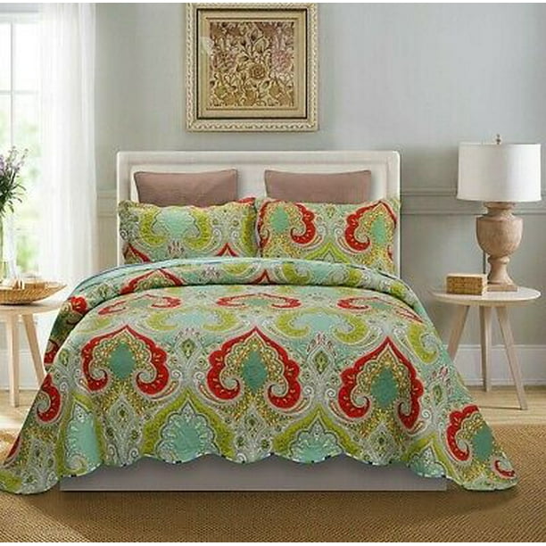 3 Piece Oversize King Quilt & shams Reversible Bedspread Spring Colors