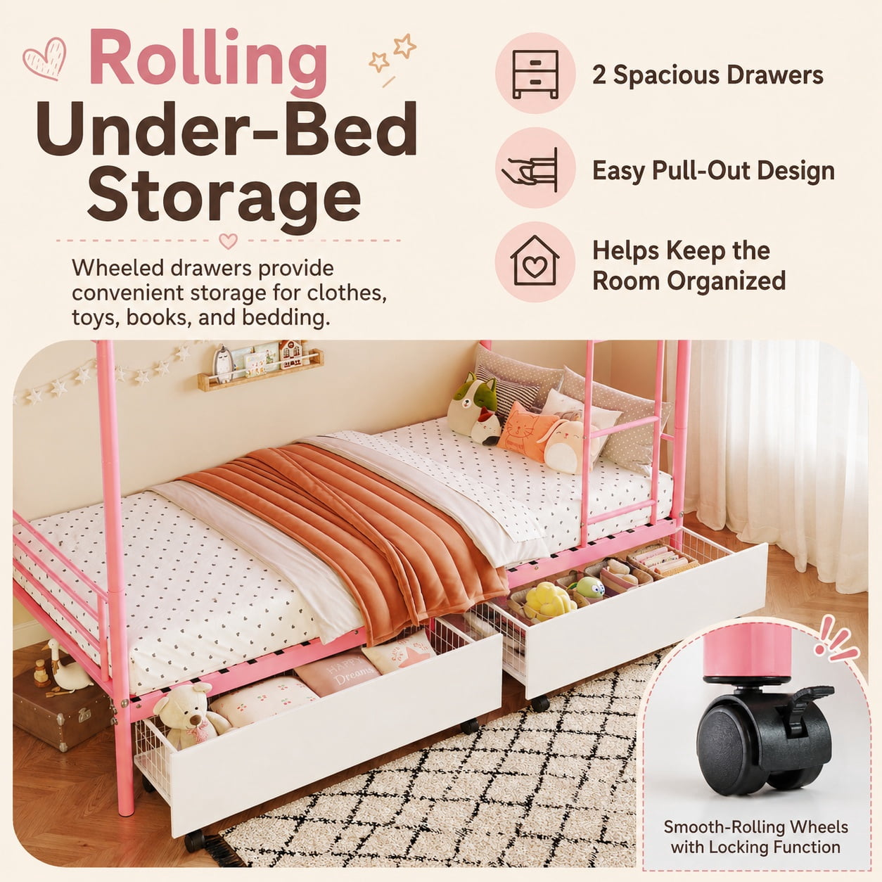 Miniyam Twin Over Twin Metal Bunk Bed with Storage Drawers, Convertible Bunk Bed with Guardrails, Ladder, Pink