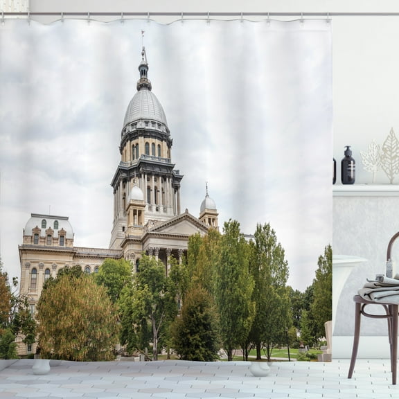 Illinois Shower Curtain, Historical American Capitol Building in Springfield Governor Politics, Fabric Bathroom Set with Hooks, 69"WX70"L, Pearl Beige Olive Green, by Ambesonne