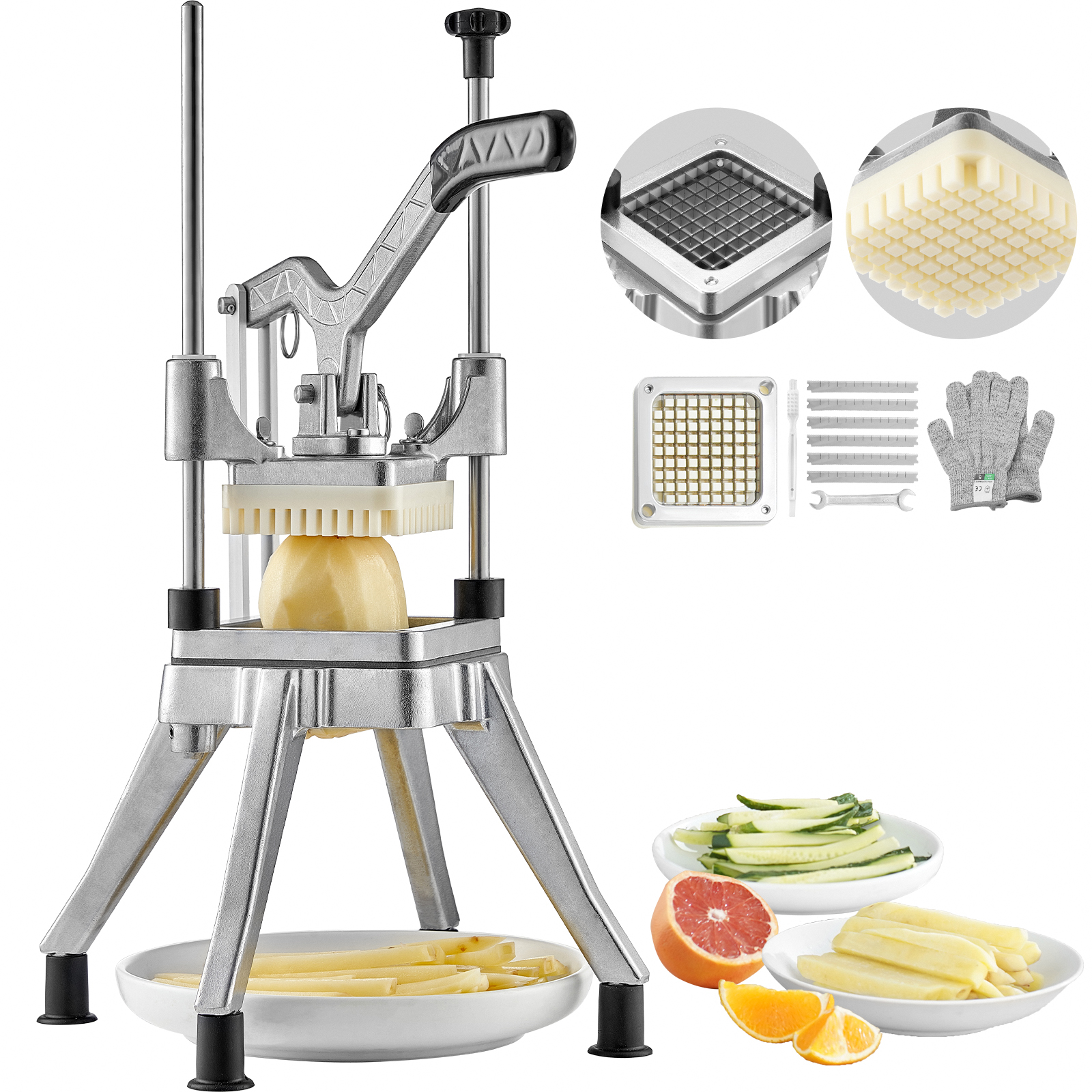 KFFKFF Commercial Vegetable and Fruit Chopper with 3/8″ Blade, Heavy-Duty Food Dicer and Slicer for Tomatoes, Peppers, Potatoes, Mushrooms, and More, Stainless Steel Construction, Silver