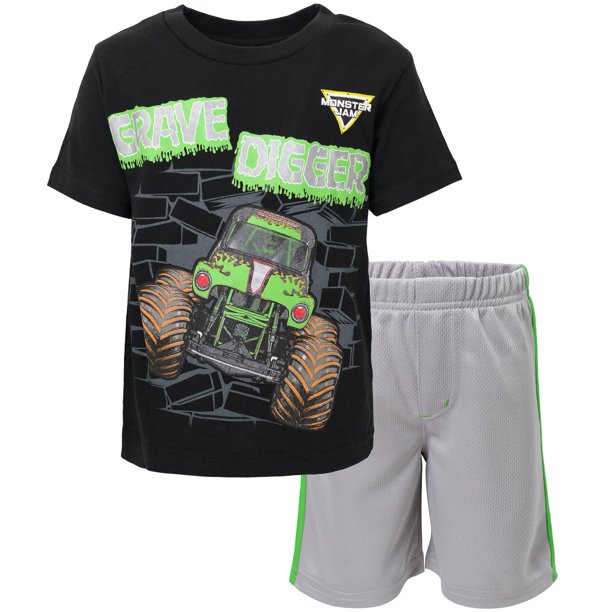 Conjunto de camiseta de manga corta y pantalones cortos deportivos Monster Jam Trucks para niños pequeños, 5T