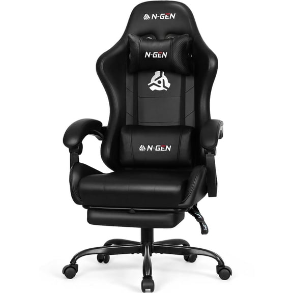 N-GEN GAMING Gaming Chair with Footrest, Lumbar, High-Back, Carbon Black