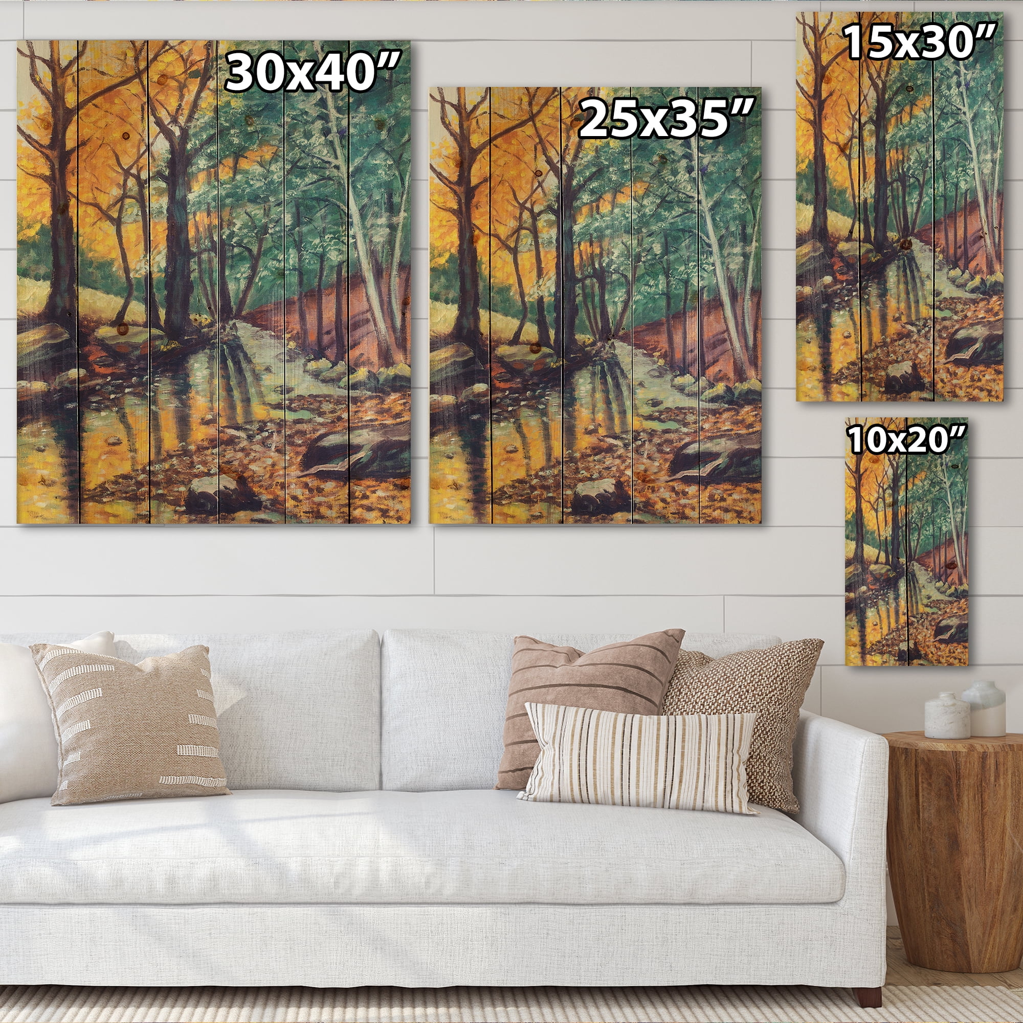 Designart 'Landscape With Autumn Forest Sunset River' Traditional Print on Natural Pine Wood